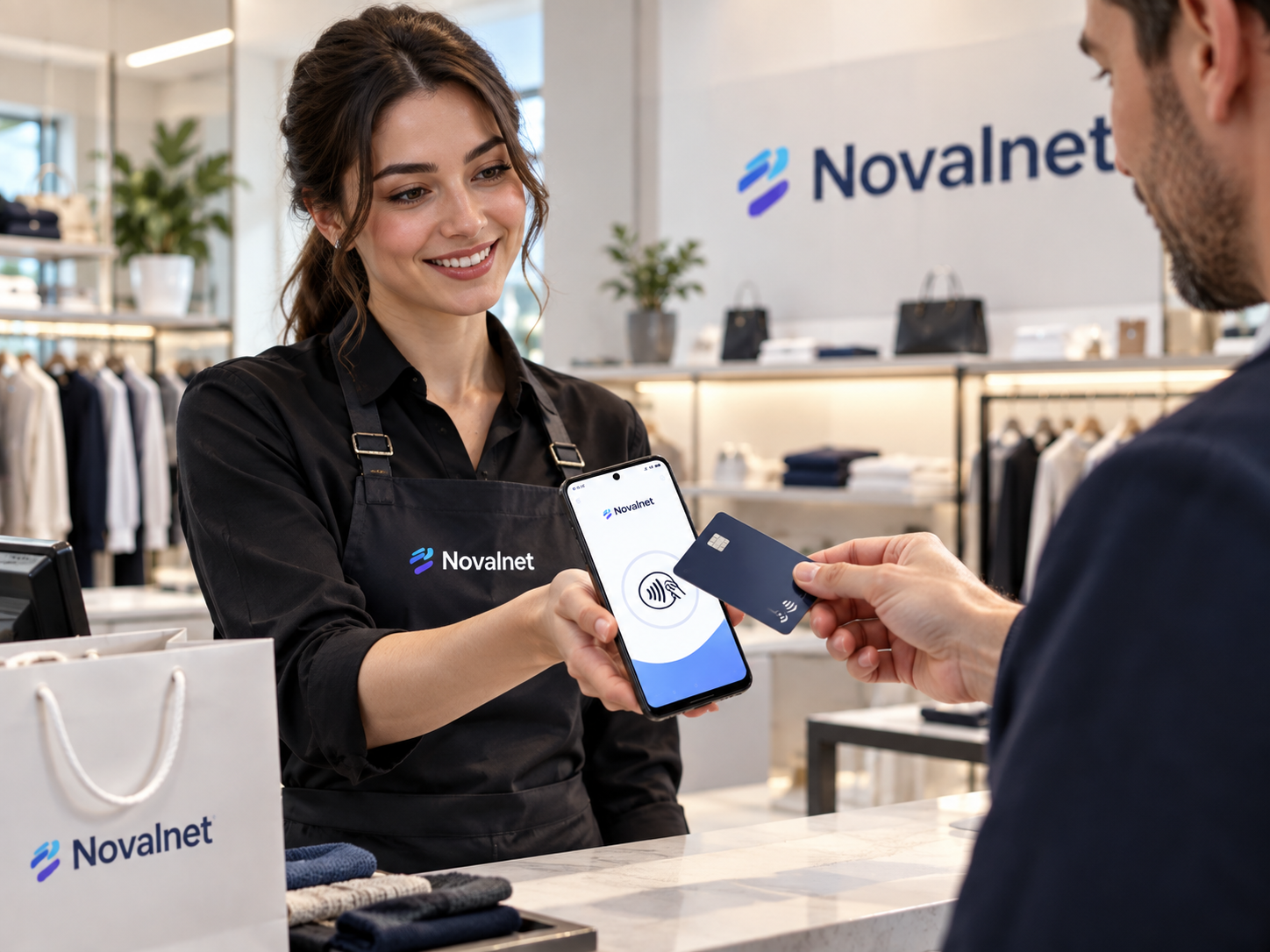 Retail employee accepting a payment using a BrandPOS-enabled smartphone