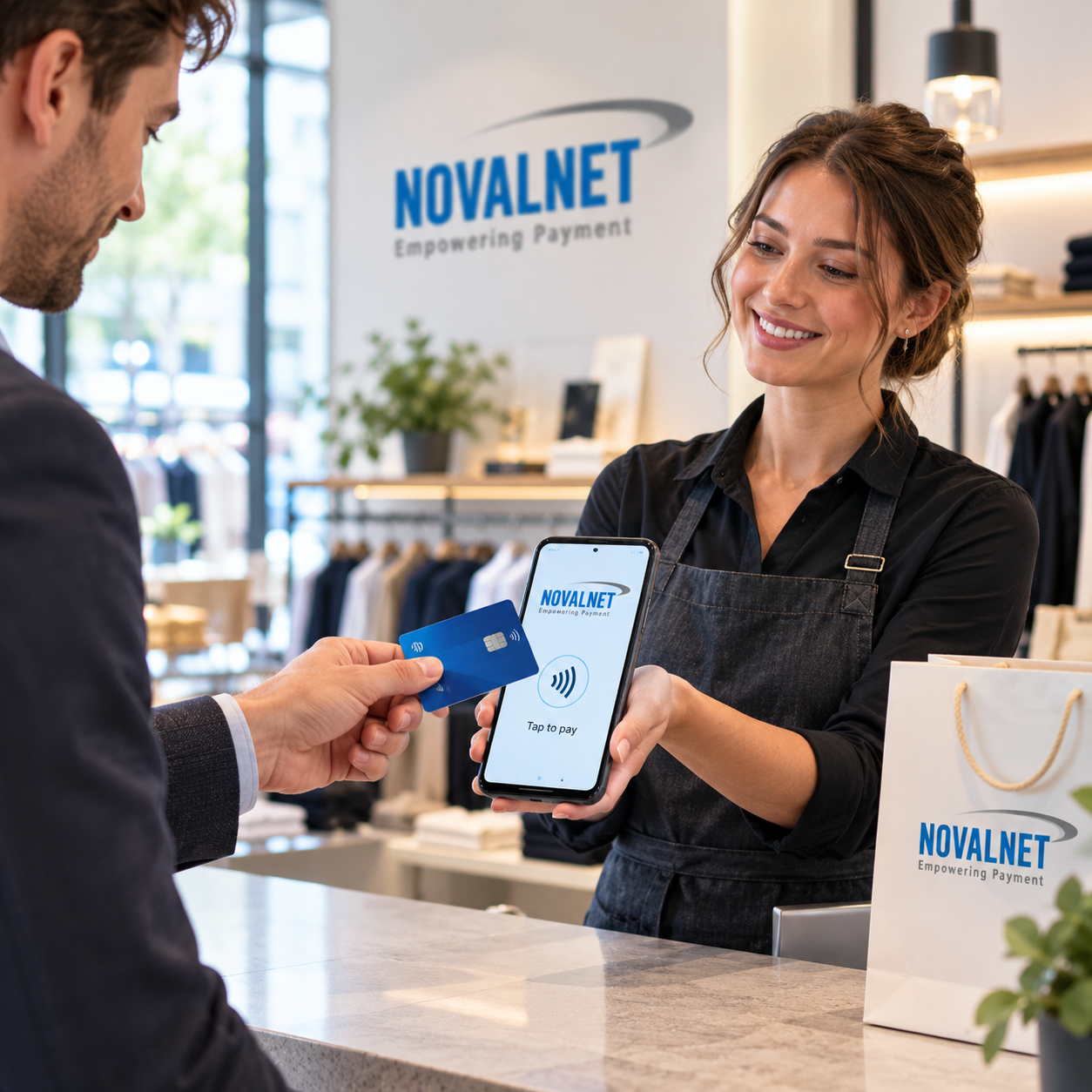 Customer making a contactless payment using Novalnet SoftPOS on a compatible smartphone