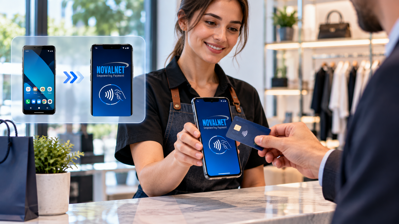 Android smartphone displaying the BrandPOS SoftPOS payment interface